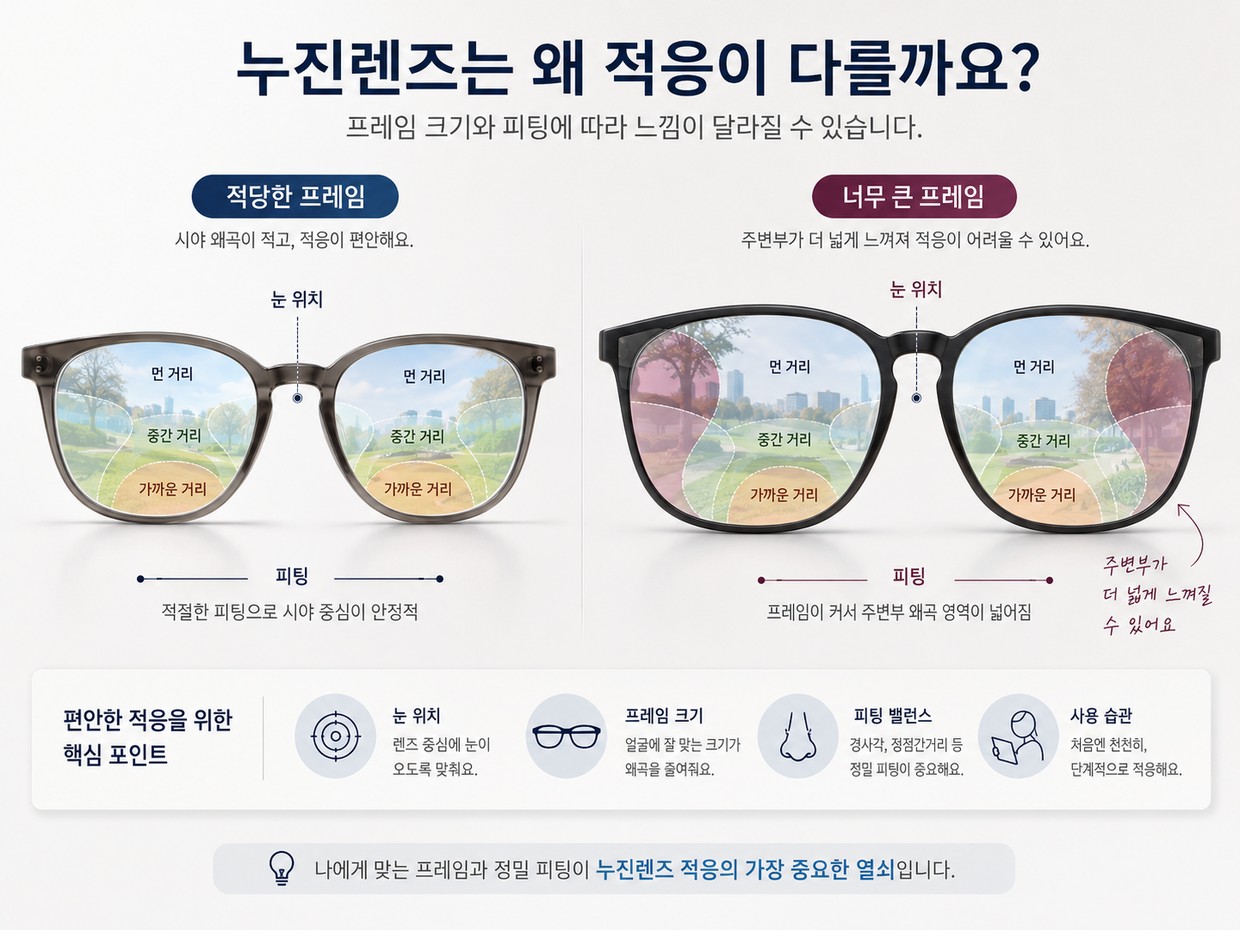 프레임 크기와 피팅 조건에 따라 누진렌즈의 시야 느낌이 달라질 수 있음을 비교한 이미지