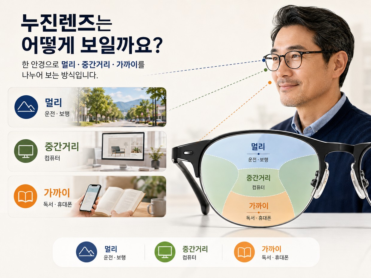 누진렌즈로 멀리(운전·보행), 중간거리(컴퓨터), 가까이(독서·휴대폰)를 나누어 보는 방식을 설명하는 이미지